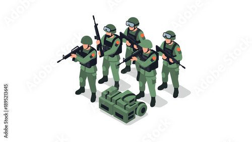 Isometric military team with rifles and equipment in combat uniforms