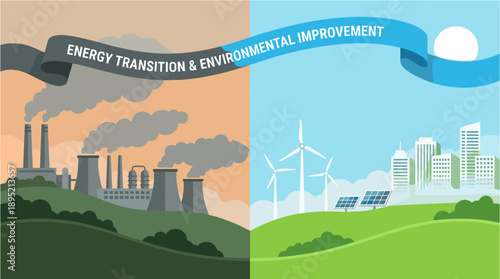 Energy transition concept with polluting factory and renewable energy sources