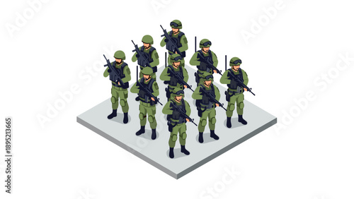 Isometric military squad: soldiers in combat gear formation