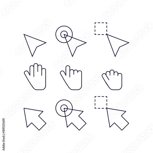 Line Art Cursor Icon Bundle with Clean Outline Style for UI, UX, Web, and App Interface Design
