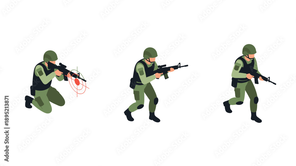 Fototapeta premium Isometric soldier illustrations in combat poses on white background