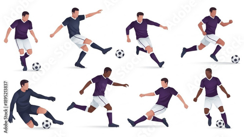 Soccer players in various dynamic poses dribbling balls on a plain background