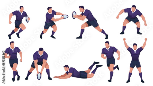 Rugby player dynamic poses illustration on transparent background