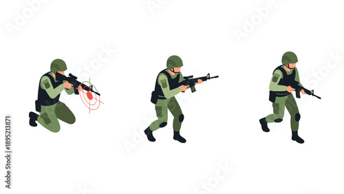 Isometric soldier illustrations in combat poses on white background