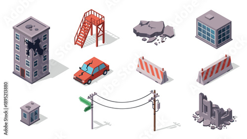Isometric urban destruction set: damaged buildings, vehicles, and infrastructure