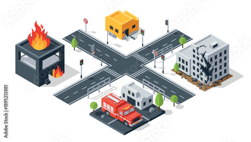 Isometric city intersection with fire and emergency response scene
