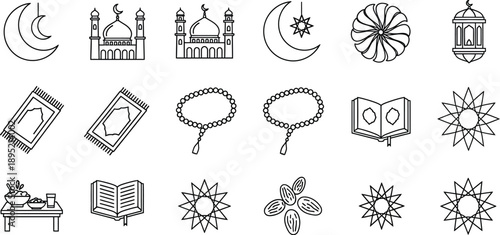 Ramadan icons set with mosque, crescent moon, prayer beads, and dates