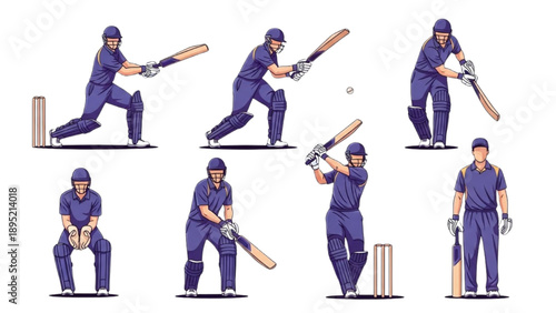 Cricketer in action playing cricket match illustrations