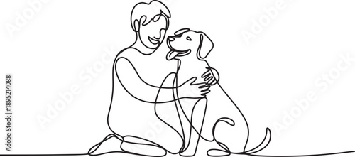 continuous line drawing vector illustration with FULLY EDITABLE STROKE of happy pet lover with dog.one line vector illustration with white background