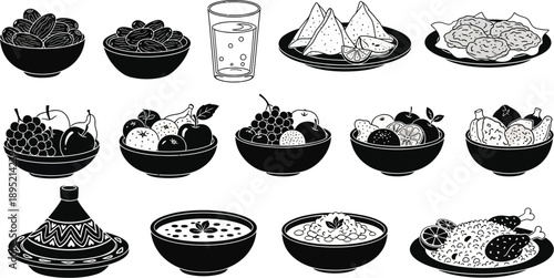 Variety of international dishes and snacks in bowls and plates