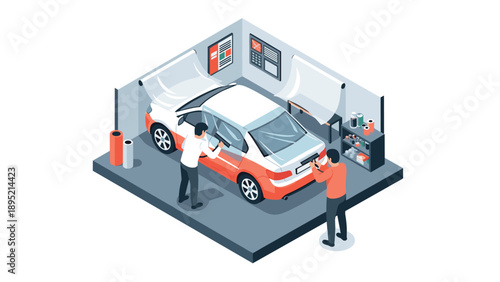 Isometric car wrapping service with two technicians working in garage