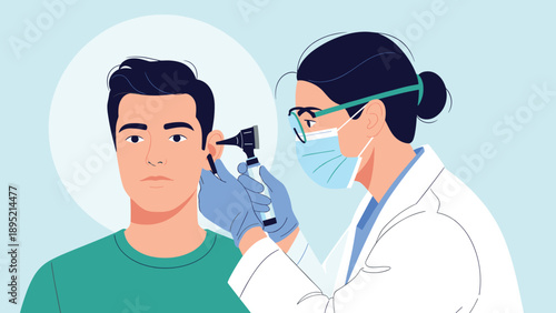 Male patient getting professional ear examination from female doctor using otoscope, medical healthcare and diagnostic checkup concept illustration.