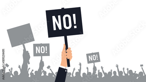 Group of protesters raising hands and holding signs saying no in a peaceful demonstration, social activism and public disapproval concept vector.