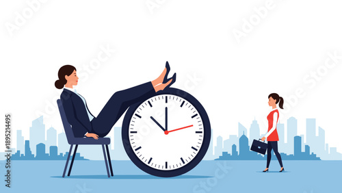 Relaxed businesswoman sitting with her feet up on a giant clock while another professional walks by, time management and procrastination concept.