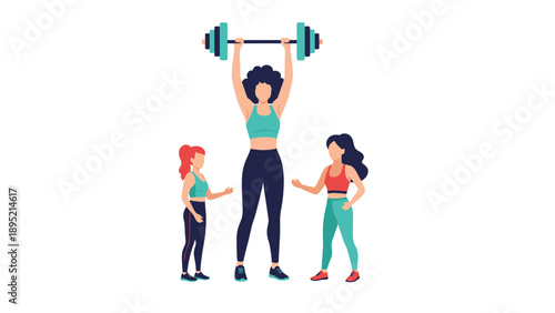 Strong athletic woman lifting a heavy barbell over her head while two other women look on, female empowerment and fitness training concept vector.