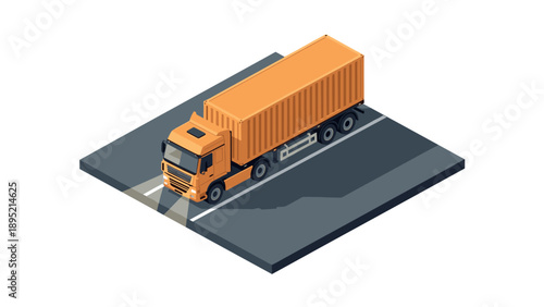 Isometric orange cargo truck on road with shadows and headlights