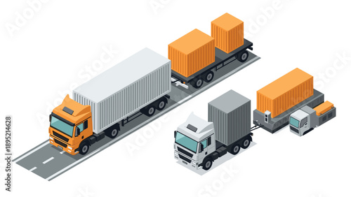 Isometric cargo trucks and trailers with shipping containers on road