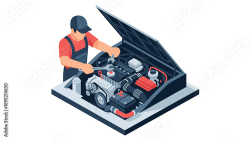 Mechanic working on engine in isometric style