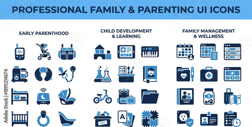 Modern Family and Parenting UI Icons for Daily Routines, Logistics and Parental Support
