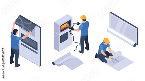 Isometric workers using industrial equipment for home appliance manufacturing