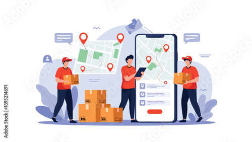 Delivery men with packages and a large smartphone showing map markers, logistics and online parcel tracking service concept vector illustration.