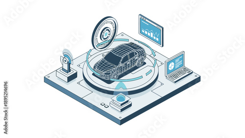 Futuristic car design in isometric 3d with digital technology elements