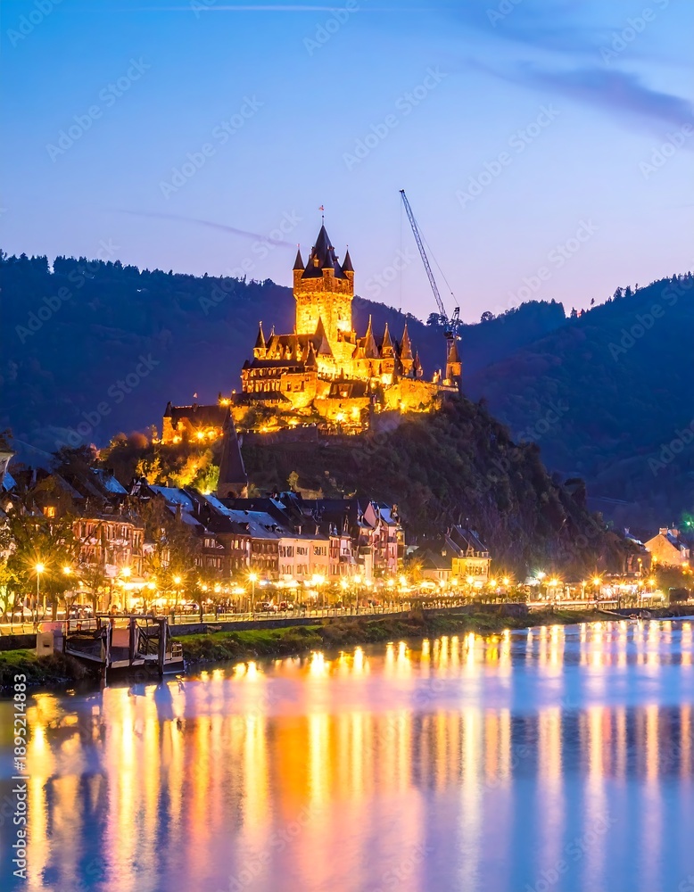 Obraz premium Illuminated medieval castle atop a hill at dusk. A river reflects city lights and mountain slopes on either side