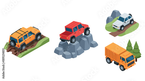 Isometric off-road vehicles exploring rocky and dirt terrains with adventure trucks