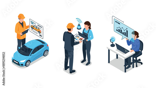 Isometric business collaboration and technology concepts with colleagues analyzing data