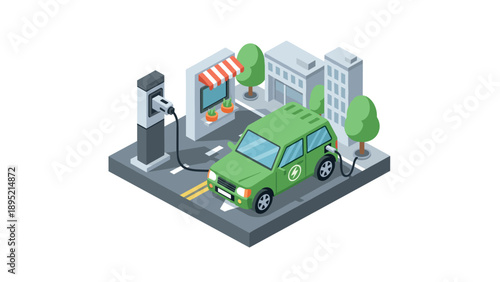 Isometric electric car charging station in a cityscape setting