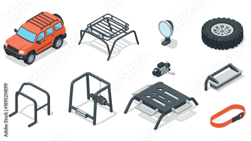 Isometric off-road car accessories collection for adventure enthusiasts