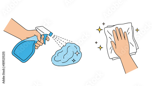 Hand using a blue spray bottle to clean a surface with a white cloth, hygiene and sanitation for virus prevention concept vector illustration.