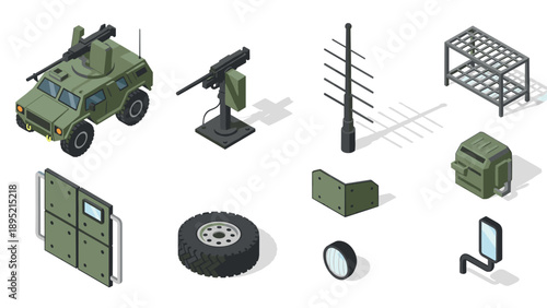 Military equipment and accessories in isometric style with armored vehicle components