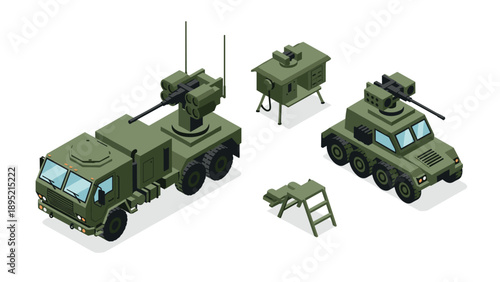 Military vehicles isometric design featuring transport and combat equipment