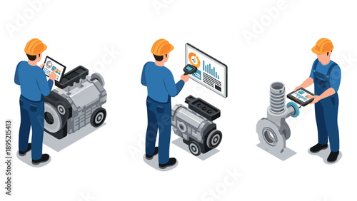 Isometric industrial worker analyzing machine data on digital devices