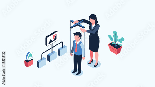 Professional woman manipulating a male employee like a puppet on strings, office politics and workplace control dynamics concept illustration.