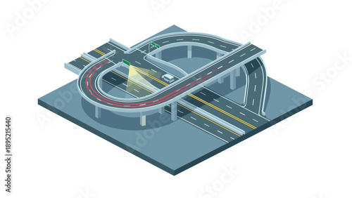 Isometric highway overpass with multi-level road system and car