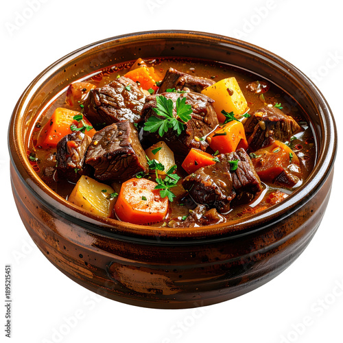Stoofvlees, a beloved belgian beef stew slow-cooked in beer with onions, served with fries, isolated on a white background