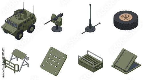 Isometric military vehicle and equipment collection with detailed components
