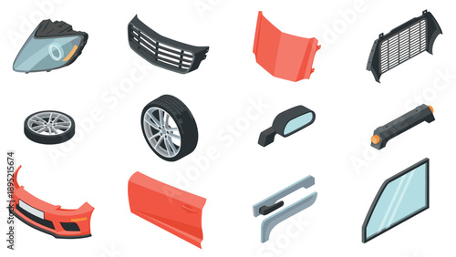 Isometric car parts collection including bumper, tire, headlight, and mirror elements