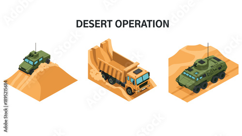 Military vehicles in desert terrain: tactical 3d isometric design