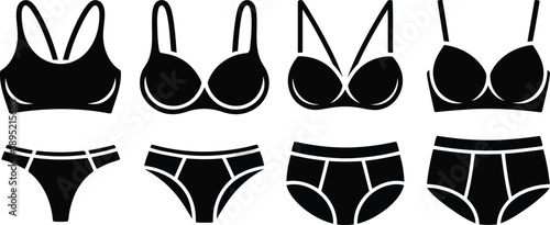 Diverse selection of eight black outline icons depicting common styles of female intimate apparel