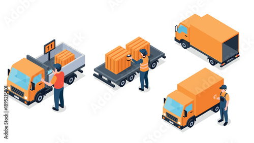 Isometric delivery trucks and workers loading cargo boxes