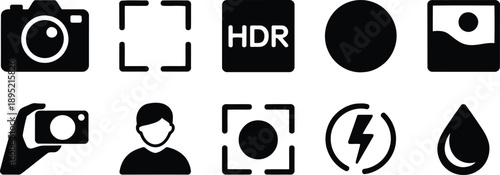 Diverse photography and visual content icons featuring a camera focus and high dynamic range