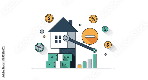 Real Estate Finance Reduction: House, Money, and Mortgage Debt Decrease Concept. Flat Design Illustration of Property Costs and Financial Expenses Management.