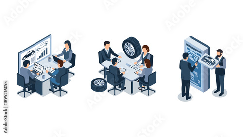 Isometric business meeting with automotive design and engineering teams in office