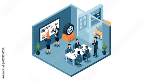 Team meeting in isometric office with car service presentation and charts