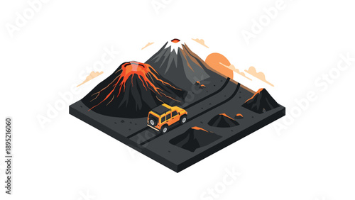 Isometric adventure: off-road journey through volcanic terrain