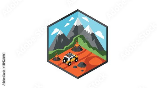 Isometric adventure badge with off-road vehicle and volcano landscape