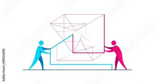 Collaborative Abstract Construction: Two stylized figures assembling a complex geometric wireframe structure. Teamwork in engineering, design, or data modeling.